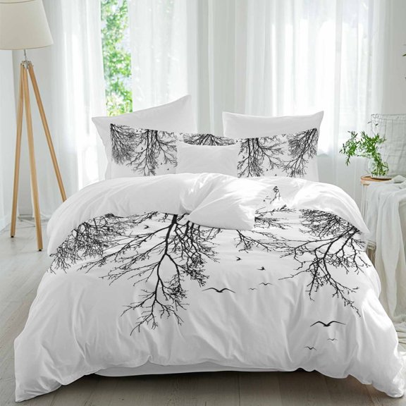 Tree Branches Bird Comforter Set Queen Size, Black Deadwood Vintage Abstract Soft Bedding Set for Man Woman, 4 Pieces Duvet Cover Set with Fitted Sheet, 2 Pillowcases
