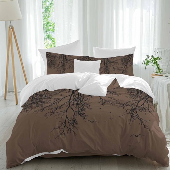 Tree Branches Bird Comforter Set Queen Size, Brown Background Black Deadwood Soft Bedding Set for Man Woman, 4 Pieces Duvet Cover Set with Fitted Sheet, 2 Pillowcases