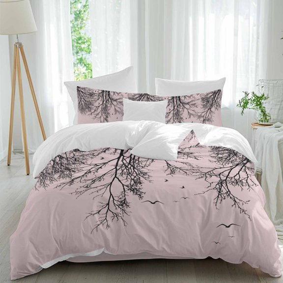 Tree Branches Bird Comforter Set Queen Size, Pink Background Black Deadwood Soft Bedding Set for Man Woman, 4 Pieces Duvet Cover Set with Fitted Sheet, 2 Pillowcases