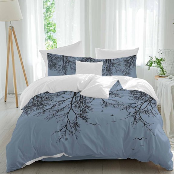 Tree Branches Bird Comforter Set Twin Size, Blue Background Black Deadwood Soft Bedding Set for Man Woman, 4 Pieces Duvet Cover Set with Fitted Sheet, 2 Pillowcases