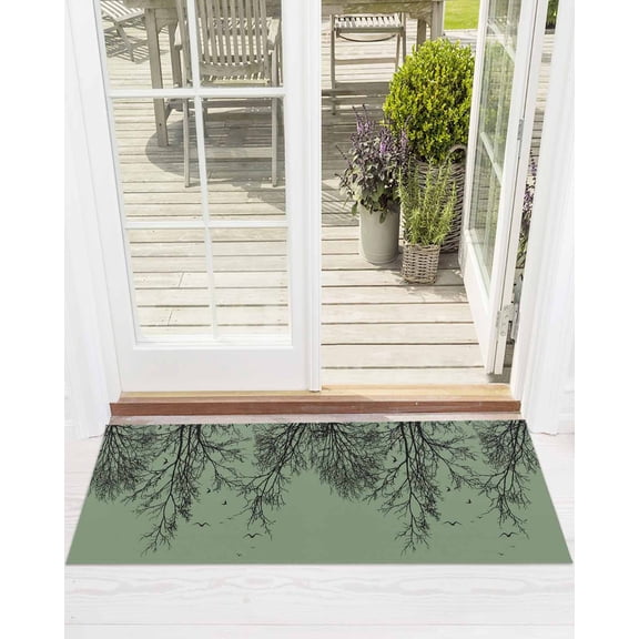 Tree Branches Bird Front Door Mat Green Background Black Deadwood Welcome Doormat Indoor Outdoor Entrance Floor Mat Non-Slip Washable Runner Rug for Front Porch Decor 18x60 Inch