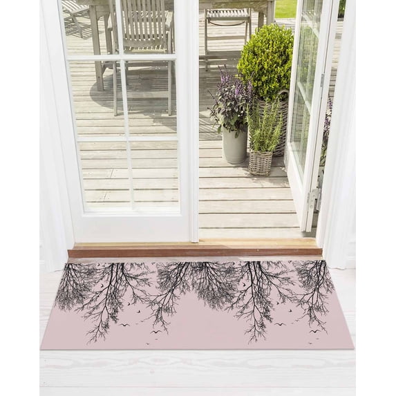 Tree Branches Bird Front Door Mat Pink Background Black Deadwood Welcome Doormat Indoor Outdoor Entrance Floor Mat Non-Slip Washable Runner Rug for Front Porch Decor 18x47 Inch