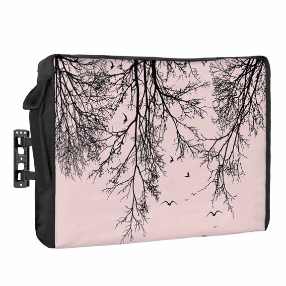 Tree Branches Bird Outdoor TV Cover Pink Background Black Deadwood Waterproof Weatherproof TV Screen Protector with Remote Control Pocket for 36 to 39 Inch Television Outside