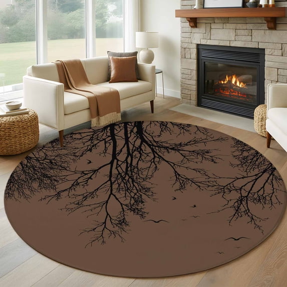Tree Branches Bird Round Living Room Rugs 5 ft, Brown Background Black Deadwood Washable Area Rug with Non-Slip Sturdy Edge Binding Round Carpet for Entryway Kitchen Bedroom Bathroom