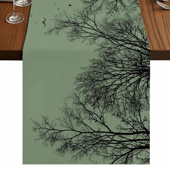 Tree Branches Bird Table Runner 36 Inches Long, Green Background Black Deadwood Cotton Linen Dining Table Runner Dresser Scarves for Home Kitchen Party Decor 13"x36"