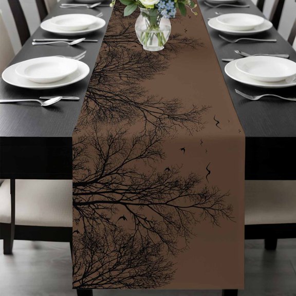Tree Branches Bird Table Runner, Brown Background Black Deadwood Washable Cotton-linen Table Runners Dining Kitchen Decoration for Everyday Home Wedding Party Decor, 13 x 36 Inch