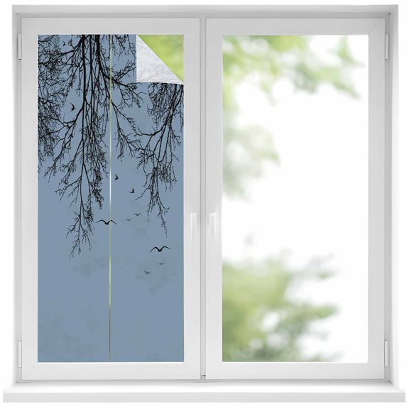 Tree Branches Bird Window Privacy Film, Blue Background Black Deadwood Frosted Glass Window Clings Static Cling UV Heat Blocking Reusable Door Sticker for Bathroom 17.7 x 39.3 Inch