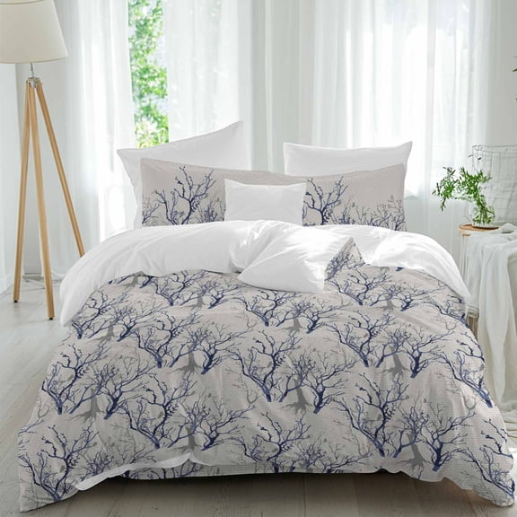 Tree Branches Full Size Comforter Set, Abstract Gradient Purple Black Tree Silhouette Grey Bedding for All Seasons, 4 Pcs Bed Set, 1Quiltcover (86"x86") ,1Sheet(80"x116"), 2Pillowcases (30"x20")