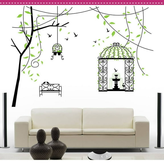 Tree Branches Green Leaves Flowing Birdcage Wall Decal DIY PVC Transparent Film for Kindergarten Living Room Children's Room TV Sofa Background Wall Art Decors Window Dressing Living Room