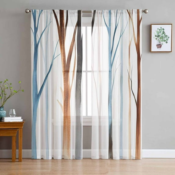 Tree Branches Sheer Curtains 72 Inches Long 2 Panels Set, Window Sheer Curtains for Living Room/Bedroom, Gradual Blue Brown Abstract Forest Plant Light Filtering Rod Pocket Curtain 52'' x 72'' x 2