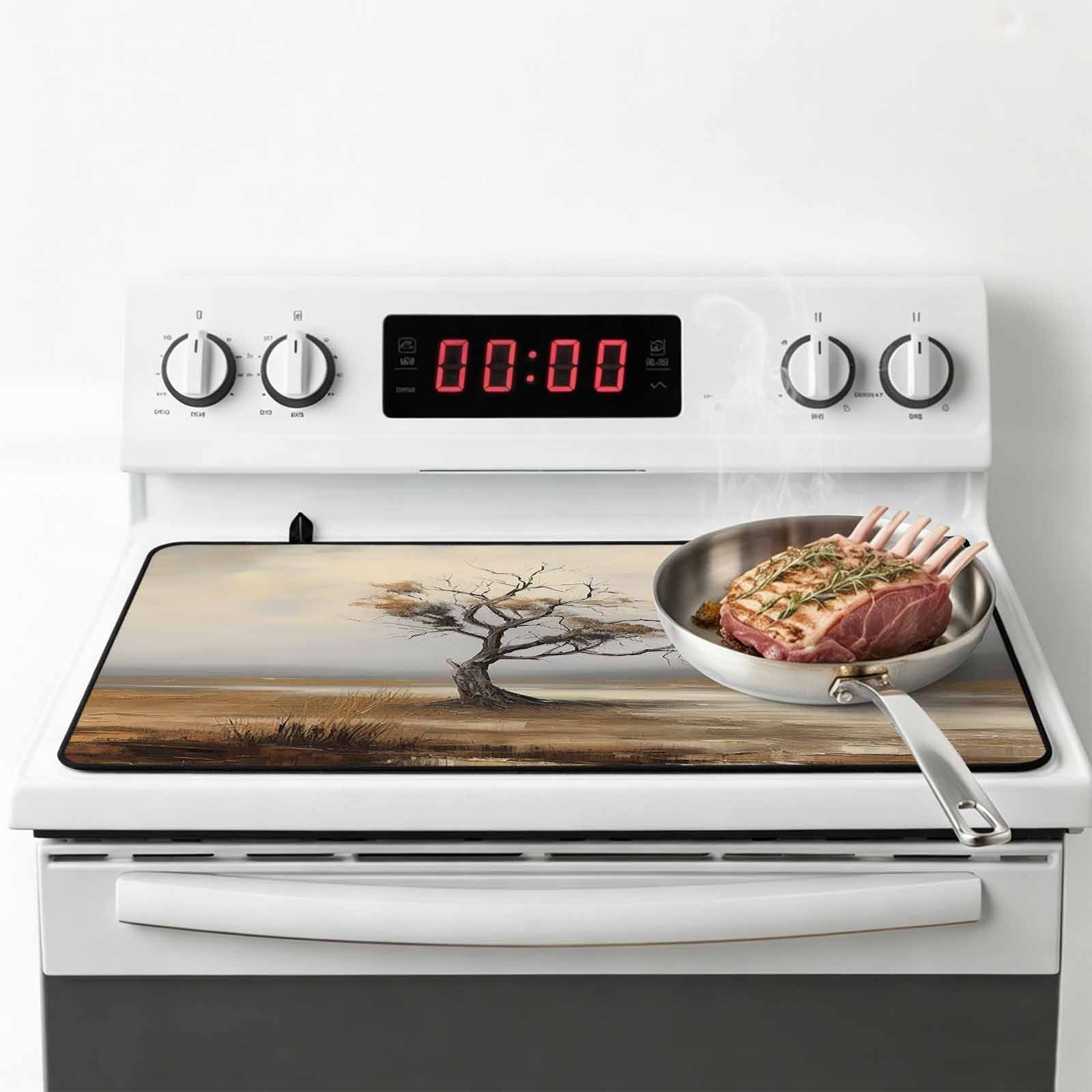 Tree Branches, Stove Top Cover for Electric Stove, Heat-proof & Non Slip Glass Top Stove Cover Protector, Wild Leaves Forest Abstract Painted Art Kitchen Flat Cooktop Rubber Mat 24x21 Inches