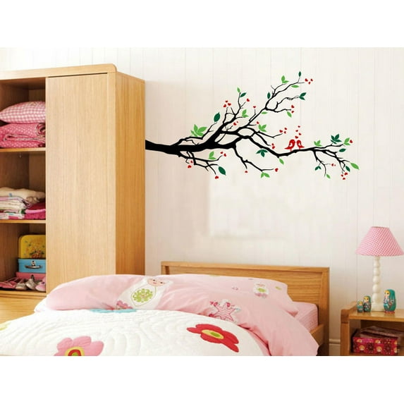 Tree Branches Wall Decal Love Birds Vinyl Sticker Nursery Leaves 56" Wide X 28" High Left to Right #1226