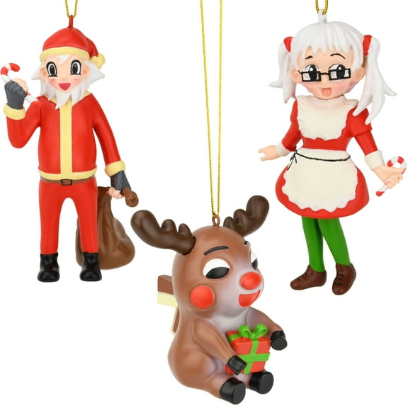Tree Buddees Anime Christmas Ornament Collection 3 Pack - Santa, Mrs. Claus & Reindeer Cartoon Character Holiday Decor