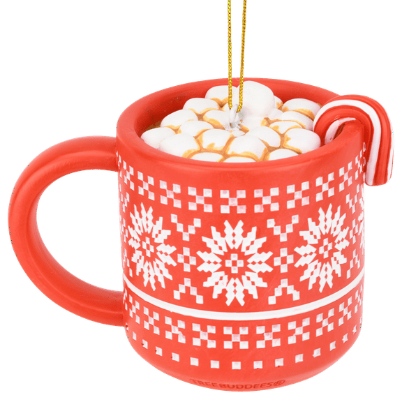 Tree Buddees Hot Cocoa Christmas Ornament Red Mug with Marshmallows & Candy Cane Hot Chocolate