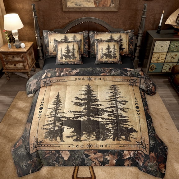 Tree Camo Cabin Comforter Set Full 7 Piece Rustic Farmhouse Bedding Sets With Sheets Camouflage Hunting Wildlife Bear Bed In A Bag Teen Men,Woodland Pine Tree Animal Bed Set