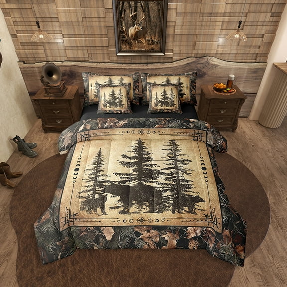 Tree Camo Cabin Comforter Set King 7 Piece Rustic Farmhouse Bedding Sets With Sheets Camouflage Hunting Wildlife Bear Bed In A Bag Teen Men,Woodland Pine Tree Animal Bed Set