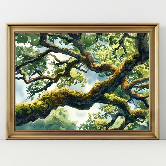 Tree Canopy Art Poster Sunlit Oak Branches Wall Art Nature Landscape Forest Woodland Decor, UNFRAMED Size 16x16