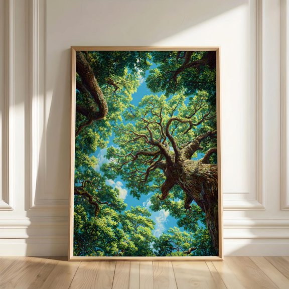 Tree Canopy Looking Up Forest Green Nature Wall Art Woodland Ceiling View Anime Style Decor, Unframed Poster