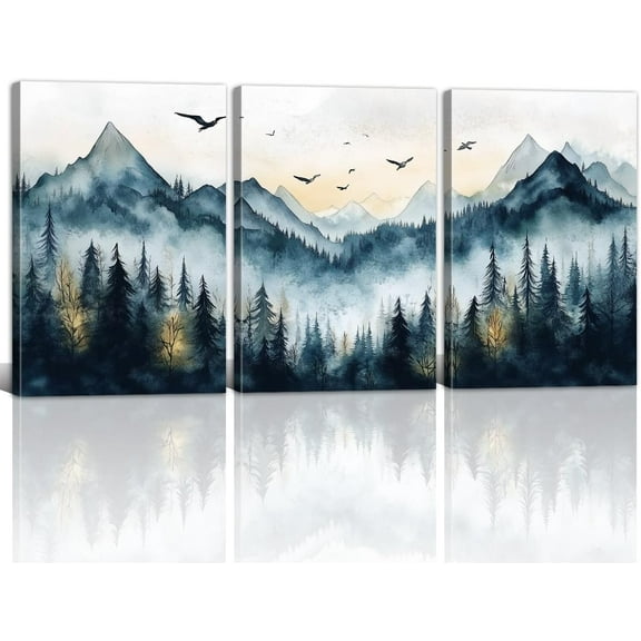 Tree Canvas Wall Art Misty Forest Pictures Prints Foggy Pine Tree Poster Mountain Landscape Paintings for Living Room Bedroom Bathroom Decor(canvas only)