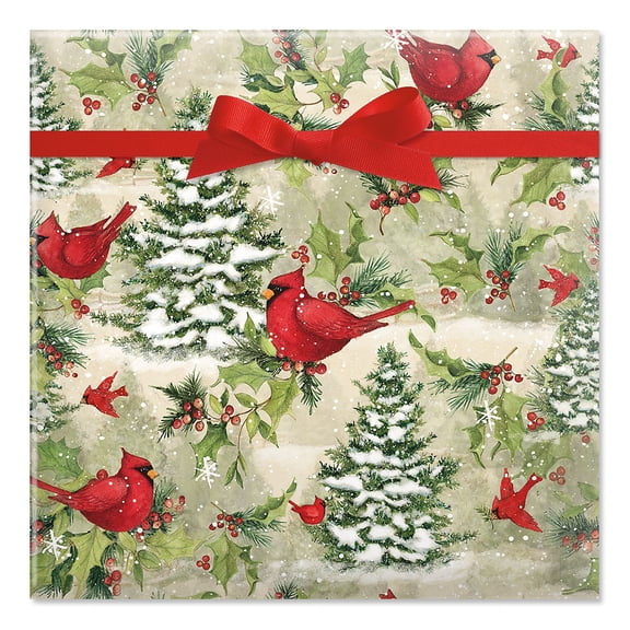 Tree Cardinal Christmas Jumbo Rolled Gift Wrap - 1 Giant Roll, 23 Inches Wide by 32 feet Long, Heavyweight, Tear-Resistant