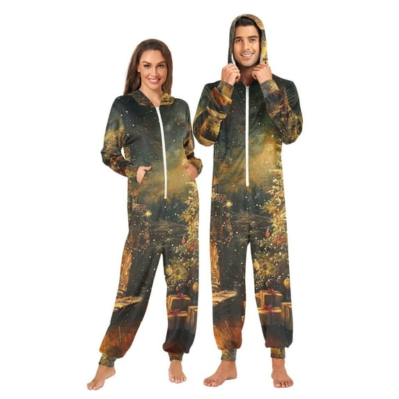 Tree Christmas Fire Adult Onesie Pajamas Slim Fit Christmas One Piece Suit Pjs for Women and Men Hooded Zipper