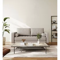 Tree City- 58" Upholstered Mid-Century Modern Faux Leather Square Arm Beige Sofa Loveseat