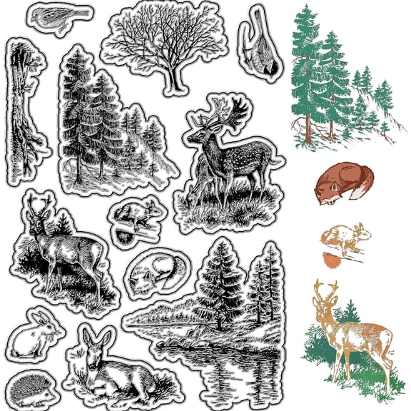 Tree Clear Stamps Forest Deer Rabbit Hedgehog Fox Bird Animals Reusable Background Postmark Transparent Silicone Stamp Seals for Journaling Card Making Decor DIY Scrapbooking Supplies white