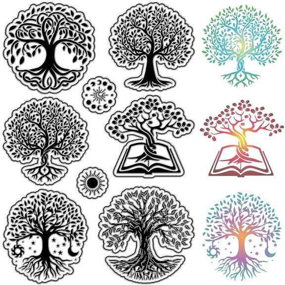 Tree Clear Stamps Tree of Life Book Sun Moon Phase Reusable Transparent Silicone Stamp Seals Postmark for Journaling Card Making Decor DIY