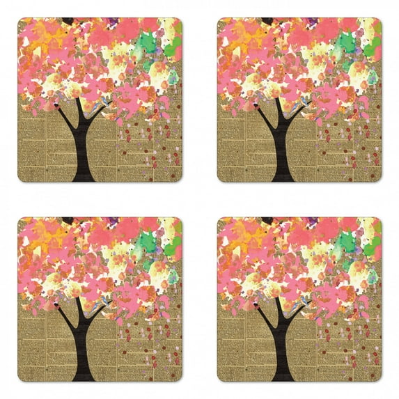 Tree Coaster Set of 4, Paint Splash Branches on Grunge Vintage Newspaper Look Background Artwork Print, Square Hardboard Gloss Coasters, Standard Size, Multicolor, by Ambesonne