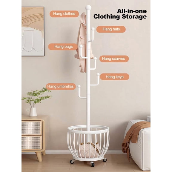 Tree Coat Rack Stand with Storage Basket – Freestanding Metal Frame Clothes Rack, Entryway Coat, Hat & Bag Organizer for Bedroom, Office & Living Room Storage