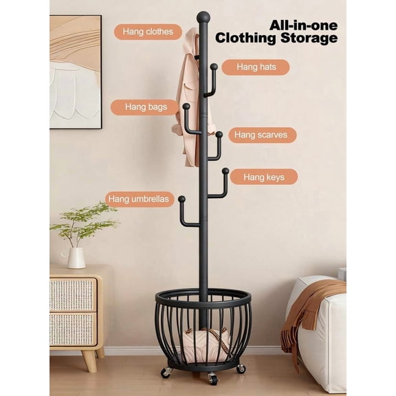 Tree Coat Rack Stand with Storage Basket – Freestanding Metal Frame Clothes Rack, Entryway Coat, Hat & Bag Organizer for Bedroom, Office & Living Room Storage