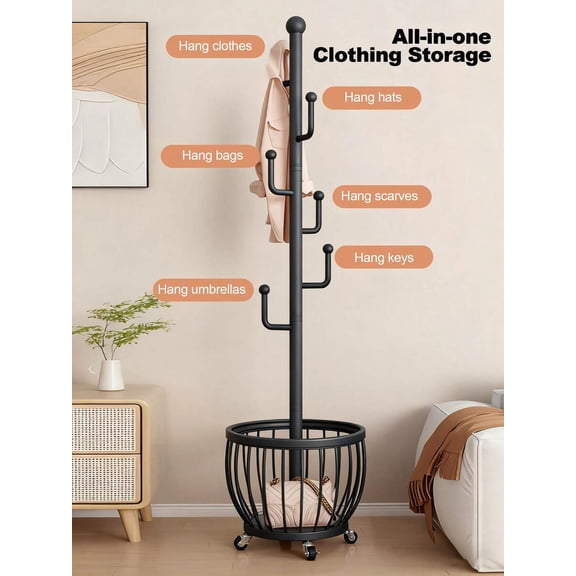 Fsdf Tree Coat Rack Stand with Storage Basket Freestanding Metal Frame Entryway Coat Hat and Bag Organizer, Black