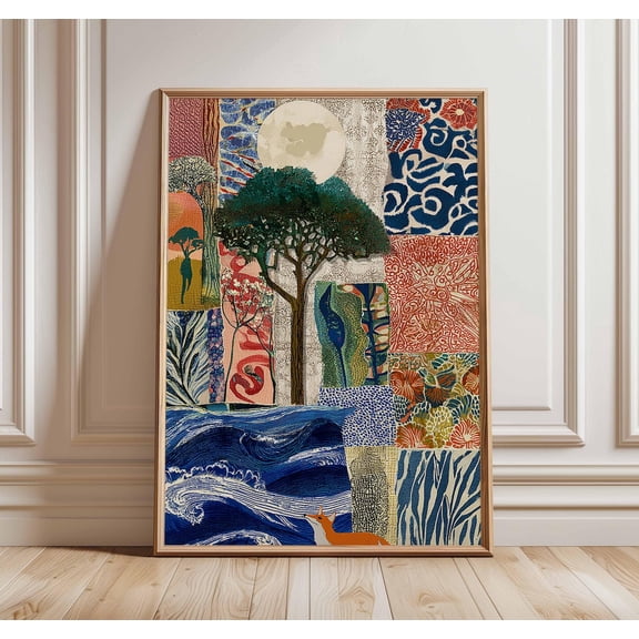 Tree Collage Art Nature Wall Art Poster Moonlight Landscape Artwork, Unframed Poster