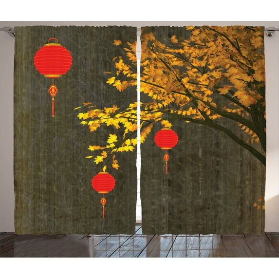 Ambesonne Oriental Curtains 2 Panel Set, Autumn Tree Vintage Art, 108" x 90", Orange Brown and Red