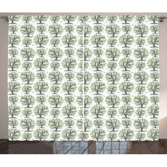 Ambesonne Tree Curtains 2 Panel Set, Swirled Lines Botanical, 108" x 84", Black Green White