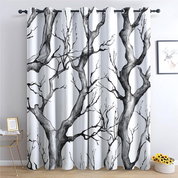 Tree Curtains, Black White Forest Window Curtains, Branch Woodland Blackout Curtains for Bedroom Living Room Home Decor, Patterned Grommet Drapes 2 Panels Set-42"W x 84"L (Pack of 2)