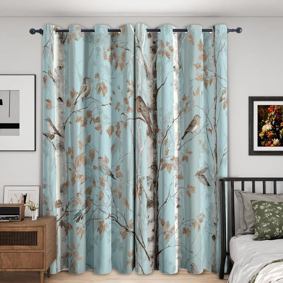 Tree Curtains For Living Room, Bird Woodland Pattern Design Blackout Curtains, Tree Bedroom Decor Window Drapes With Grommet 52"W x 96"L (Pack of 2)