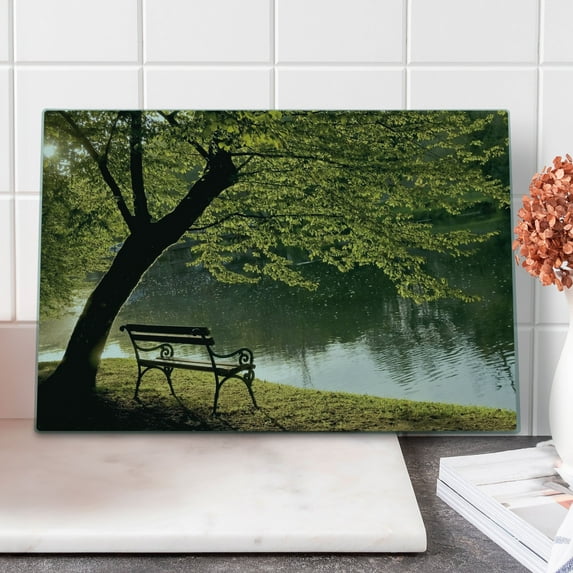 Tree Cutting Board, Bench Under Timber Tree by Riverside Epic Countryside Rural Relaxing Resting Space Scenery, Decorative Tempered Glass Cutting and Serving Board, Large Size, Green, by Ambesonne
