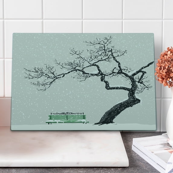 Tree Cutting Board, Dramatic Winter Scenery Retro Bench and Lonely Plant in a Cold Day, Decorative Tempered Glass Cutting and Serving Board, Large Size, Charcoal Grey Sea Green, by Ambesonne