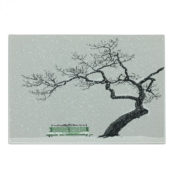 Tree Cutting Board, Dramatic Winter Scenery Retro Bench and Lonely Plant in a Cold Day, Decorative Tempered Glass Cutting and Serving Board, Small Size, Charcoal Grey Sea Green, by Ambesonne