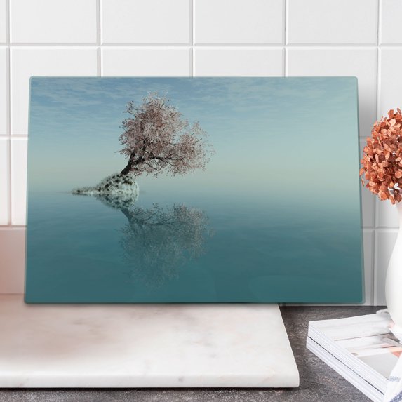 Tree Cutting Board, Flower Tree in the Middle of Lake with Reflection in the Water Scenic View, Decorative Tempered Glass Cutting and Serving Board, Large Size, Teal Pink, by Ambesonne
