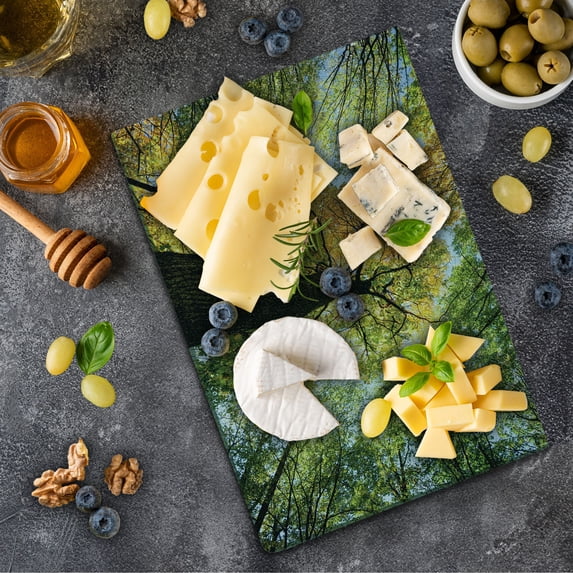 Tree Cutting Board, Forest in Autumn Green Nature Deciduous Foliage Growth Eco, Decorative Tempered Glass Cutting and Serving Board, Small Size, Dark Brown Pale Green, by Ambesonne