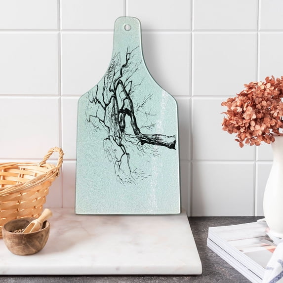 Tree Cutting Board, Illustration of an Autumn Tree with Dried Branches Dramatic Nature Print, Decorative Tempered Glass Cutting and Serving Board, Wine Bottle Shape, Black White, by Ambesonne