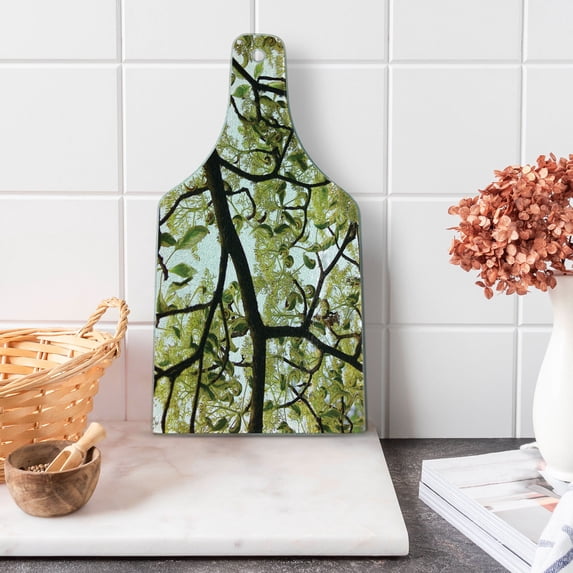 Tree Cutting Board, Nature Themed Macro Photo of Close up Leafy Branches, Decorative Tempered Glass Cutting and Serving Board, in 3 Sizes, by Ambesonne