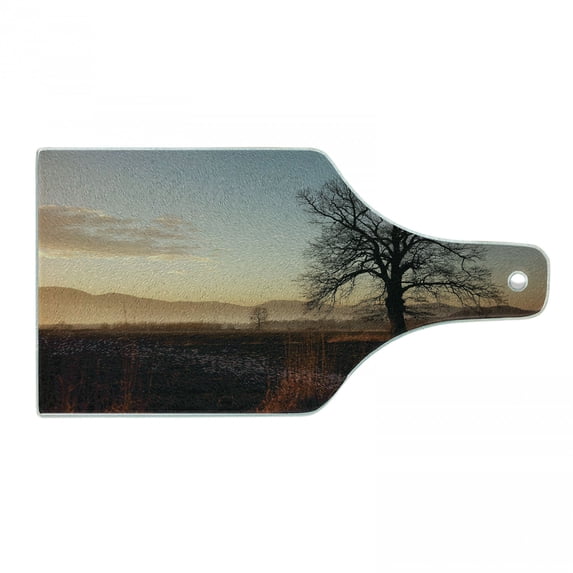 Tree Cutting Board, Oak Tree Distant Hills at Sunrise Rural Landscape Autumn Sun Rays Grass Nature Theme, Tempered Glass Cutting and Serving Board, Wine Bottle Shape, Brown Blue, by Ambesonne