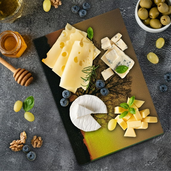 Tree Cutting Board, Oak in the Sunset Horizon Golden Yellow Sun Rays Countryside Rural Nature Picture, Decorative Tempered Glass Cutting and Serving Board, Small Size, Orange Brown, by Ambesonne