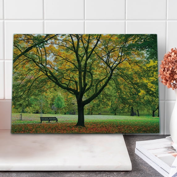 Tree Cutting Board, Third Season of the Year in the Park Dead Leaves Autumn to Winter Seasonal Picture, Decorative Tempered Glass Cutting and Serving Board, Large Size, Green Yellow, by Ambesonne