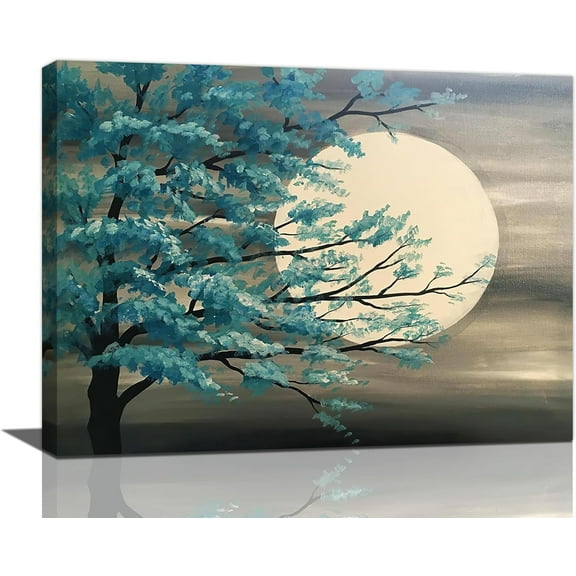 Tree Decor wall art Tree canvas Pictures Moon Wall Decor Teal Canvas Prints Painting Framed Artwork for Bathroom living room Bedroom 16"x12"