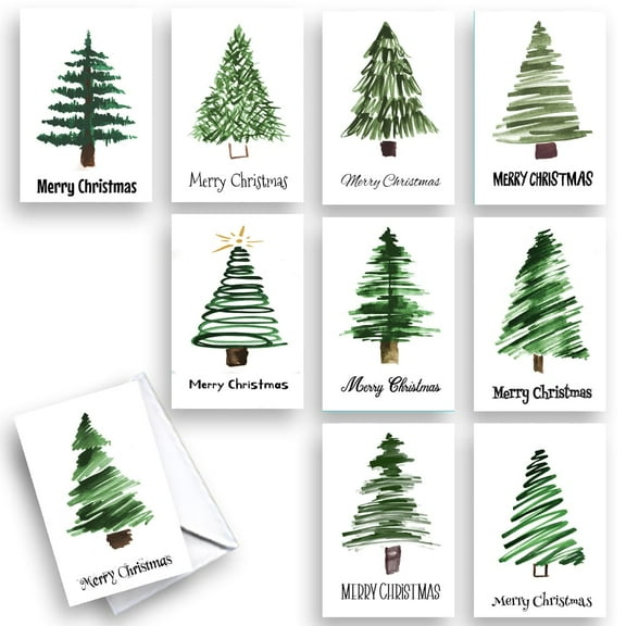 Tree Designs Collection Christmas New Years Note Greeting Cards | 10 Pack Assortment Bulk Variety Set (4x6)