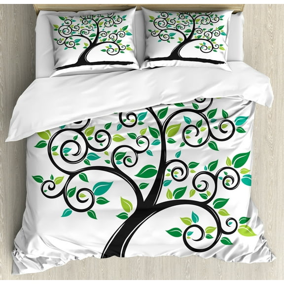 Tree Duvet Cover Set, Abstract Nature Interpretation Pattern on Plain Background, Decorative 3 Piece Bedding Set with 2 Pillow Shams, Calking Size, Green Grey, by Ambesonne